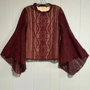 LIBERTY LOVE Burgundy / Maroon Lined Lace Blouse Flared Bell Sleeves Size Small